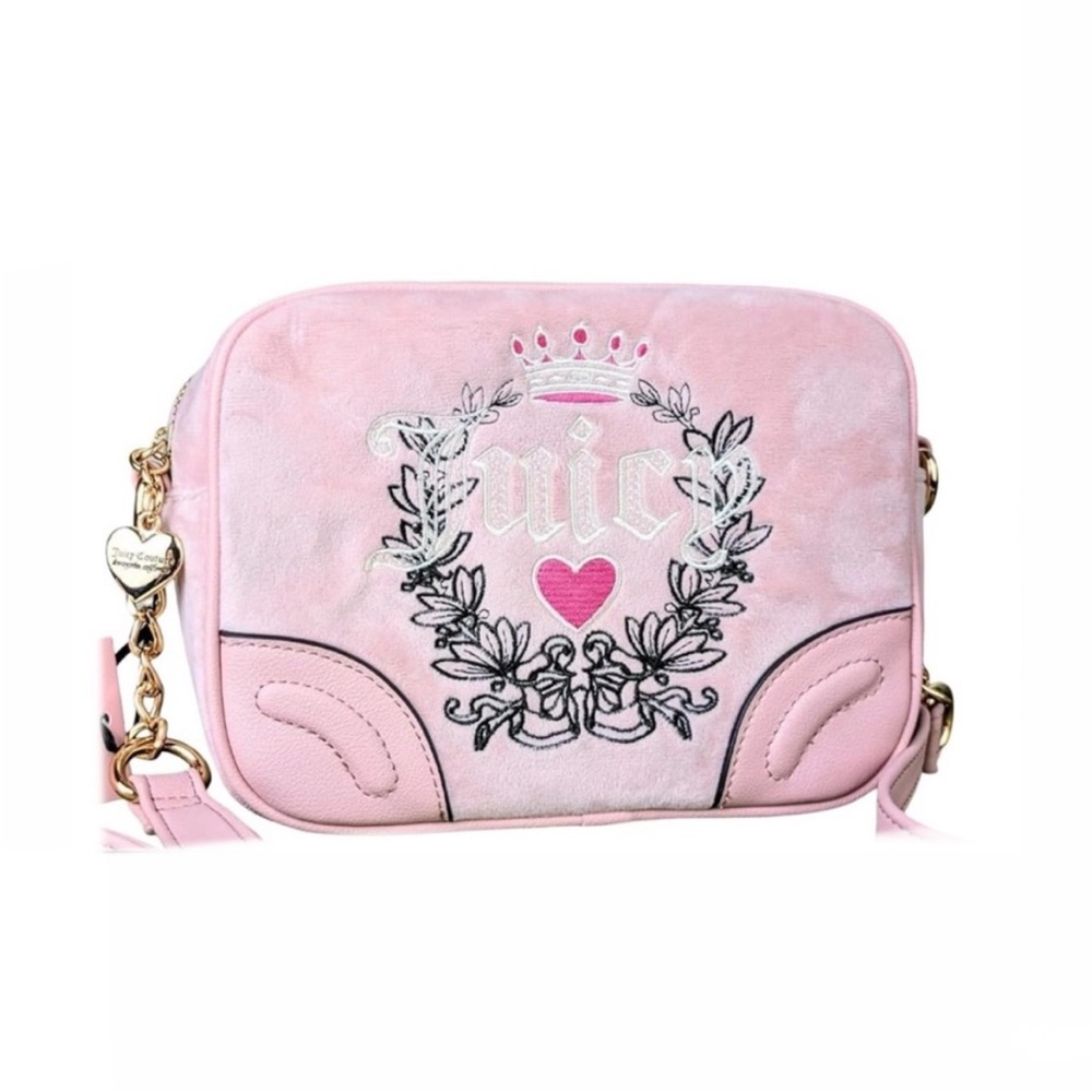 NEW Juicy Couture Pink Velour Camera Bag Embroidered Crown Logo Crossbody Purse